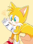  1boy :o animal_ears animal_nose blue_eyes blush commentary_request cowboy_shot fox_boy fox_ears fox_tail furry furry_male gloves male_focus multiple_tails open_mouth roshii_(roshi_loshi_641) simple_background solo sonic_(series) squiggle standing tail tails_(sonic) white_gloves yellow_background 