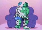  anthro bottomwear clothing conjoined duo feet felid furniture fused_bellies fused_legs hindpaw jewelry kissing male male/male mammal merging necklace pantherine pawpads paws plantigrade shorts sitting sofa soles the-b3ing tiger 