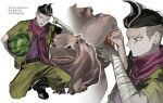  1boy absurdres alternate_costume animal baggy_pants bandaged_arm bandaged_hand bandages belt belt_buckle black_belt black_boots black_hair boots buckle closed_mouth collared_jacket commentary_request danganronpa_(series) danganronpa_2:_goodbye_despair earrings expressionless finger_to_head food forehead fruit furrowed_brow green_jacket green_pants grey_eyes happy heterochromia highres hippopotamus holding holding_food holding_fruit jacket jewelry korean_commentary korean_text lapels light_frown looking_at_animal lower_teeth_only male_focus multicolored_hair multiple_views notched_lapels on_one_knee open_clothes open_jacket open_mouth pants pink_scarf pocket pointy_nose purple_shirt red_eyes rubber_boots saman_zero7 scar scar_across_eye scar_on_face scarf shirt short_hair sideburns simple_background single_earring smile sphere_earrings streaked_hair sweatdrop tanaka_gundham teeth translation_request two-tone_hair very_short_hair watermelon white_background white_hair 