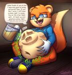  alcohol anthro beer belly beverage big_belly cabezilla clothed clothing conker conker&#039;s_bad_fur_day dialogue digestion digital_drawing_(artwork) digital_media_(artwork) english_text face_imprint footwear gloves handwear hi_res hoodie imprint male male_pred mammal navel oral_vore rareware reformation rodent same_size sciurid shoes short_male speech_bubble text topwear video_games vore watermark 