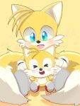  >_< 2boys :d animal_ears animal_nose blue_eyes blush chibi commentary_request dual_persona fox_boy fox_ears fox_tail furry furry_male gloves male_focus multiple_boys multiple_tails open_mouth red_shoes roshii_(roshi_loshi_641) shoes simple_background sitting smile sonic_&amp;_friends sonic_(series) tail tails_(sonic) white_gloves yellow_background 