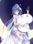  1girl absurdres anger_vein black_hair blue_eyes chinese_commentary closed_mouth commentary_request crescent_moon dress fu_hua fu_hua_(cerulean_court) hair_ornament highres honkai_(series) honkai_impact_3rd jingwei_(bird) long_hair looking_at_viewer moon night sky solo star_(sky) starry_sky thighhighs unique-blueberry very_long_hair wedding_dress white_dress white_thighhighs 