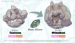  :o absurdres animal_ears arrow_(symbol) brown_eyes character_name commentary cottonee disclaimer dust english_text evolution_stone evolutionary_line fakemon floppy_ears hand_up harlequinwaffles highres moon_stone no_humans no_mouth original pokemon pokemon_(creature) pokemon_focus rabbit_ears tail twitter_username whimsicott white_background 