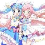  2girls :d ahoge arm_bow arm_out_of_frame arupaka565656 ascot asymmetrical_bangs blue_bow blue_cape blue_dress blue_eyes blue_hair blush bow braid brooch cape commentary cowboy_shot cure_prism cure_sky cut_bangs detached_sleeves diagonal_bangs dress dress_bow earrings elbow_gloves frills gloves green_eyes hair_between_eyes hair_bow hair_ornament half_up_braid halter_dress halterneck heart heart_ahoge highres hirogaru_sky!_precure holding_hands interlocked_fingers jewelry legs_apart legs_together light_particles long_hair looking_at_viewer magical_girl medium_dress multicolored_hair multiple_girls nijigaoka_mashiro open_mouth outstretched_arm petticoat pink_bow pink_hair pink_streaks precure puffy_detached_sleeves puffy_sleeves red_cape side-by-side side_braids simple_background single_bare_shoulder single_earring single_hair_streak single_sidelock sleeveless sleeveless_dress smile sora_harewataru sphere_earrings streaked_hair swept_bangs twintails two-sided_cape two-sided_fabric two-tone_dress two-tone_hair very_long_hair white_ascot white_background white_bow white_dress white_gloves wing_brooch wing_hair_ornament yuri 