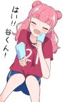  1girl absurdres ariita-san blue_shorts blush closed_eyes commentary_request double_bun fang food hair_bun highres holding holding_food holding_ice_cream ice_cream long_hair open_mouth pink_hair seihantai_na_kimi_to_boku shirt shorts simple_background solo suzuki_miyu t-shirt translation_request white_background 