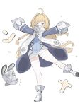  >_< 1girl blonde_hair blue_jacket braid commentary_request full_body gloves grey_hat hat highres jacket mozzs norma_hollowell thighhighs twin_braids white_background white_gloves white_thighhighs zenless_zone_zero 