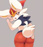  2021 absurd_res anthro barely_visible_genitalia barely_visible_pussy blush bodily_fluids butt cinderace female fluffy fluffy_tail fur genitals half-closed_eyes hand_on_butt hi_res lagomorph looking_at_viewer looking_back mammal narrowed_eyes nintendo nude open_mouth pok&eacute;mon pok&eacute;mon_(species) presenting presenting_hindquarters pussy simple_background solo subaru331 sweat sweatdrop video_games 