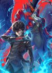  2boys absurdres amamiya_ren arsene_(persona_5) ascot black_gloves black_hair black_jacket black_pants black_vest black_wings blue_fire commentary demon_(megami_tensei) domino_mask eye_mask feathered_wings fingernails fire frilled_ascot frills gloves glowing grin hat high_collar highres jacket joker_(persona_5) looking_at_viewer mask multiple_boys open_clothes open_jacket pants persona persona_(summon) persona_5 pocket_square red_background red_eyes red_jacket sharp_fingernails short_hair simple_background smile sumaboooo top_hat unworn_mask vest white_ascot wings 