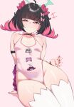  :3 absurdres aria_(human)_(zenless_zone_zero) aria_(zenless_zone_zero) arm_strap arm_warmers bare_shoulders black_choker black_hair blush bow breasts character_print choker collarbone colored_inner_hair commentary gen_(unzzenasd) hair_bow halo highres looking_at_viewer multicolored_hair nangong_yu nangong_yu_(heartfelt_support) one-piece_swimsuit pink_bow pink_hair pink_one-piece_swimsuit red_arm_warmers red_eyes red_nails self_character_print shiny_skin sitting small_breasts smile striped_arm_warmers sunna_(zenless_zone_zero) swimsuit thick_thighs thighhighs thighs twintails white_thighhighs zenless_zone_zero 