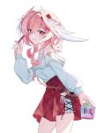  1girl bare_shoulders baskin-robbins camera charm_(object) commentary_request cowboy_shot food from_side genshin_impact hair_ornament hand_up head_wings highres holding holding_food holding_ice_cream holding_spoon ice_cream linnea_(baskin-robbins)_(genshin_impact) linnea_(genshin_impact) looking_at_viewer medium_hair pink_eyes pink_hair pink_wings plastic_spoon red_skirt shirt shubun_(user_gxsx8757) simple_background skirt smile solo spoon two-tone_wings white_shirt white_wings wings 