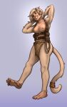  2021 addie anthro belt blonde_hair breasts brown_eyes chest_belt clothed clothing eyebrows female fluffy fluffy_tail fur gradient_background grin hair haplorhine hi_res mammal monkey nipples partially_clothed pimpartist primate rope simian_(species) simple_background smile solo traditional_media_(artwork) white_body white_skin 