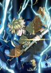  1boy agatsuma_zenitsu aura belt black_pants blonde_hair breath commentary_request debris demon_slayer_uniform electricity fighting_stance forked_eyebrows full_body glowing haori highres holding holding_sheath holding_sword holding_weapon inuno_rakugaki jacket japanese_clothes katana kimetsu_no_yaiba kishimen_hair lightning long_sleeves male_focus multicolored_hair pants ready_to_draw sandals scabbard shaded_face sheath short_hair solo sword tabi triangle_print two-tone_hair unsheathing weapon 