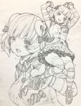  1girl arm_warmers arms_up bracelet breasts cardigan commentary_request frilled_skirt frills gems_company graphite_(medium) hatching_(texture) highres jewelry knees_together_feet_apart large_breasts layered_skirt linear_hatching medium_breasts momomaru_nekuto open_mouth short_sleeves skirt smile striped_arm_warmers thighhighs traditional_media virtual_youtuber yug_(ekaki) 