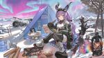  1girl absurdres animal_costume arknights arknights:_endfield aurora backpack bag bare_shoulders black_gloves black_horns black_sleeves black_thighhighs blush book boots bottle chen_qixing chewing chibi chinese_commentary closed_mouth commentary day detached_sleeves eating endfield_industries_logo endministrator_(arknights) female_endministrator_(arknights) food fork frilled_thighhighs frills full_body gloves grey_boots gugugaga_(meme) heater highres holding holding_food holding_pen horns knee_boots knees_together_feet_apart knife lace-up_boots lantern lens_flare long_hair long_sleeves looking_at_viewer meme motor_vehicle motorcycle open_book outdoors pen penguin_costume picnic pink_eyes plant plastic_bottle plate purple_hair shoe_soles sitting snow solo steam tail tent thighhighs tree typhoeus_(arknights) typhon_(arknights) vegetable water_bottle 