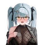  1girl absurdres aqua_hair black_bra black_necktie black_ribbon blush bra breast_suppress breasts commentary_request embarrassed fishnet_top fishnets furrowed_brow glasses goddess_of_victory:_nikke hair_ornament hair_ribbon hand_up highres le_b2772 looking_at_viewer necktie open_mouth paw_hair_ornament pinstripe_jacket pinstripe_pattern portrait privaty_(nikke) privaty_(sharp_lesson)_(nikke) ribbon see-through_cleavage see-through_clothes simple_background solo twintails underwear white_background yellow_eyes 