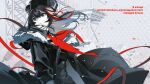  1girl animal_ears arknights bear_ears bear_girl black_coat black_hair black_jacket blue_eyes blunt_bangs chinese_commentary cleavage_cutout clothing_cutout coat collared_dress commentary_request dress floating_hair fur-trimmed_hood fur_trim hair_between_eyes hat highres hood hooded_coat jacket juhuacha long_hair looking_to_the_side monochrome multicolored_hair neckerchief open_clothes open_coat outdoors parted_lips red_neckerchief red_ribbon red_streaks ribbon russian_text sidelocks solo spot_color streaked_hair tilted_headwear translation_request upper_body wind zima_(arknights) zima_the_raging_tide_(arknights) zipper 