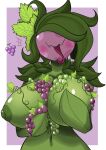  big_breasts blush breasts covering covering_breasts digital_media_(artwork) elemental_creature elemental_humanoid female flora_fauna food fruit grape hi_res holding_breast humanoid leaf leaves_in_hair nipples plant plant_humanoid simple_background smile solo tongue tongue_out vines woebeeme 