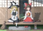  2girls apron ascot bare_shoulders black_dress black_hat black_skirt black_vest blonde_hair blush bow braid broom brown_hair buttons closed_mouth commentary_request cup cushion detached_sleeves dress eating food food_in_mouth frilled_apron frilled_bow frilled_hair_tubes frills full_body grass green_tea hair_bow hair_tubes hakurei_reimu hakurei_shrine hat hat_bow holding holding_cup inuno_rakugaki kirisame_marisa kneehighs long_hair long_sleeves looking_at_viewer mary_janes medium_hair mouth_hold multiple_girls nontraditional_miko open_mouth outdoors ponytail porch puffy_short_sleeves puffy_sleeves red_bow red_dress red_eyes red_shirt red_skirt red_vest ribbon ribbon-trimmed_sleeves ribbon_trim sandals seiza senbei shadow shirt shoes short_sleeves shouji side_braid sidelocks single_braid sitting skirt skirt_set sliding_doors smile socks tatami tea teapot touhou tray unworn_sandals v-shaped_eyebrows veranda vest waist_apron white_apron white_bow white_shirt white_sleeves white_socks wide_sleeves witch_hat yellow_ascot yellow_eyes yunomi zabuton 