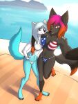  2021 3:4 4_toes anthro barefoot big_breasts bikini black_body blue_body blue_eyes breasts canid canine canis claws clothed clothing coyote detailed_background digital_media_(artwork) duo embrace feet female female/female flag_bikini fur gesture gloves_(marking) gradient_fur gradient_hair grey_body hair hi_res hug jackal leg_markings litsi looking_at_viewer mammal markings navel orange_body outside red_eyes selfie smile socks_(marking) stars_and_stripes swimwear toe_claws toes united_states_of_america v_sign water white_body white_fur 