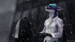  16:9 2021 anthro blue_hair clothed clothing dragon fur furred_dragon geewolf hair hi_res holding_object holding_umbrella horn male outside purple_body purple_eyes purple_fur raining shirt solo topwear umbrella wet white_body white_clothing white_fur widescreen 