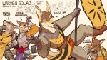  anthro armor banner banners_of_ruin canid canine card dahecksajerry english_text group humor male mammal multiple_images pole stripper_pole text 