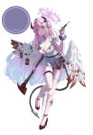  1girl absurdres angel_wings axe bandaged_leg bandages blood blood_bag blood_on_clothes blood_on_leg bloody_wings blue_archive breasts character_name choker cleavage commentary_request cross demon_horns demon_tail fake_tail feathered_wings full_moon gradient_halo hair_bun hair_intakes halo hat heart heart_choker heart_o-ring heart_ring_choker high_heels highres holding holding_axe holding_syringe horns korean_commentary large_breasts latin_cross letco2766 long_hair looking_at_viewer low_wings mask_pull mika_(blue_archive) moon multicolored_halo nurse nurse_cap o-ring o-ring_choker pink_hair pink_halo red_shoes scrunchie shoes simple_background single_side_bun solo standing standing_on_one_leg syringe tail thigh_strap tongue tongue_out white_background white_scrunchie white_wings wing_ornament wings wrist_scrunchie yellow_eyes 
