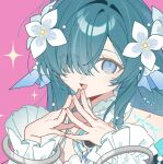  1girl aqua_hair bangle bare_shoulders blue_eyes blush bracelet choker detached_sleeves dress earrings eyes_visible_through_hair fingernails fins flower four-pointed_star frilled_choker frills genshin_impact grey_choker hair_flower hair_ornament hair_over_one_eye hands_up head_fins jewelry long_hair long_sleeves looking_at_viewer necklace open_mouth pearl_hair_ornament pink_background puffy_detached_sleeves puffy_long_sleeves puffy_sleeves sidelocks single_earring sleeveless sleeveless_dress smile solo star_(symbol) star_symbol_background takonoya tongue vodyanitsa_(genshin_impact) white_dress white_flower white_sleeves 