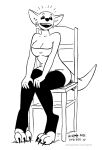  2021 anthro breasts chair clothing ear_piercing ear_ring female fur furniture kangaroo kangy_(tegerio) legwear macropod mammal marsupial monochrome mostly_nude open_mouth open_smile piercing sitting smile solo tegerio thigh_highs 