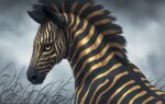  &copy; 2021 ambiguous_gender artist_name black_ears black_mane black_nose chiakiro equid equine feral looking_at_viewer mammal mane monotone_ears multicolored_body solo symbol text two_tone_body url yellow_body zebra 