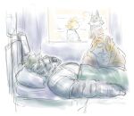  2021 anthro bed bed_sheet bedding black_hair black_nose caffeinecanine canid canine canis clothed clothing collar colored coma duo_focus eyebrows felid fur furniture grey_body grey_fur group hair hi_res hospital_bed hospital_gown hospitalized law_(sdorica_sunset) lying lying_on_bed male mammal on_bed orange_body orange_fur pang pantherine sdorica short_hair striped_body striped_fur stripes thick_eyebrows tiger white_eyebrows wolf yao_(sdorica) 