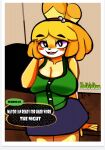 2020 animal_crossing anthro bell big_breasts blush breasts canid canine canis cleavage clothed clothing daikiarts desk dialogue domestic_dog english_text female fur furniture hand_behind_head inviting isabelle_(animal_crossing) mammal nintendo open_mouth signature simple_background solo text translated video_games yellow_body yellow_fur 