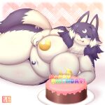  1:1 2021 4_fingers anthro belly blep blush cake canid canine canis claws crescent_moon curvy_figure dessert dipstick_tail english_text female finger_claws fingers fluffy food fur hair happy_birthday hi_res kemono looking_at_viewer lue_(kishibe) lying mammal markings moon multicolored_body multicolored_fur navel neck_tuft nude on_side one_eye_closed overweight overweight_anthro overweight_female pasties plate purple_body purple_fur purple_hair shibaemonxsk solo tail_markings text thick_thighs tongue tongue_out tuft two_tone_body two_tone_fur voluptuous white_body white_fur white_hair wink wolf 