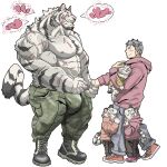  &lt;3 1:1 abs absurd_res anthro big_muscles blush boots bottomwear bulge chan_kiti_chan_(artist) child clothing embrace facial_scar family father father_and_child father_and_son felid footwear fur group hair hand_holding hi_res hoodie hug human human_on_anthro interspecies larger_anthro male male/male mammal muscular muscular_anthro muscular_male navel nipples pantherine pants parent parent_and_child pecs romantic romantic_couple scar shirtless shoes size_difference smaller_human son tiger topwear white_body white_fur white_hair young 