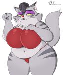  absurd_res anthro belly big_breasts bra breasts clothing come_and_learn_with_pibby domestic_cat eyeshadow fangs felid feline felis female hi_res huge_breasts makeup mammal mature_female melira_(pibby) mr_valentine00 overweight overweight_female panties simple_background solo thick_thighs underwear white_background 