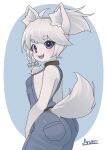  2021 ahoge anthro black_nose blush braided_hair breasts butt canid canine canis clothing collar domestic_dog female fur hair happy hi_res inner_ear_fluff kemono looking_at_viewer looking_back mammal mofumofumachine open_mouth open_smile overalls overalls_only purple_eyes signature small_breasts smile smiling_at_viewer solo teeth thick_thighs tight_clothing tongue tuft white_body white_fur white_hair 