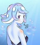 2021 animal_humanoid blue_background blue_body breasts bubble cephalopod cephalopod_humanoid female humanoid looking_back marine marine_humanoid mollusk mollusk_humanoid not_furry octopus_humanoid pseudo_hair purple_eyes rosse_chan signature simple_background solo tentacle_hair tentacles underwater water 