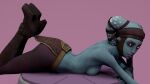  16:9 aayla_secura alien alien_humanoid blue_body blue_skin breasts brown_eyes clothed clothing curvaceous curvy_figure female habariart humanoid looking_at_viewer lying on_front pink_background simple_background solo star_wars topless twi&#039;lek voluptuous weapon widescreen 
