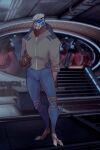  2:3 alien blue_eyes bodypaint bottomwear clothing face_paint garrus_vakarian hi_res inside looking_at_viewer male mass_effect pants rolled_up_sleeves shirt solo spacecraft standing stormcall topwear turian vehicle video_games visor zipper 