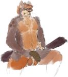  anonymous_artist anthro ball_hawk brown_body brown_fur brown_penis chest_tuft fur genitals half-erect hawkpelt holding_penis male muscular muscular_male orange_body orange_fur penis simple_background sketch smile solo tuft white_background 