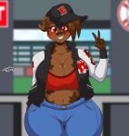  2021 anthro baseball_cap breasts cleavage clothed clothing domestic_pig female hat headgear headwear hi_res mammal mastergodai solo suid suina sus_(pig) 