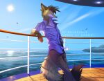 anthro bottomwear canid canine clothed clothing cloud day detailed_background feral fluffy fluffy_tail fox fur hi_res male mammal outside pants relaxable relaxablefur sea ship shirt signature sky smile solo solo_focus sun topwear vehicle water watercraft 