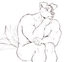 anthro biceps canid canine canis domestic_dog eldiman eyebrows floppy_ears fur fur_tuft hand_on_leg head_tuft hi_res male mammal motion_blur motion_lines muscular muscular_anthro simple_background solo tail_motion tailwag the_thinker tuft white_background 