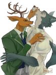  2019 5_fingers anthro antlers beastars canid canine canis cervid claws clothed clothing duo fingers hi_res horn legoshi_(beastars) long_snout louis_(beastars) male mammal maruz necktie signature simple_background snout snout_grab white_background wolf 