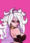  2020 alien alien_humanoid big_breasts black_sclera breasts choker daikiarts dragon_ball ear_piercing ear_ring female fluffy fluffy_hair gold_(metal) gold_jewelry hair hi_res humanoid jewelry long_hair looking_at_viewer majin majin_android_21 necklace not_furry piercing pink_background pink_body pupils red_pupils signature simple_background solo white_hair 