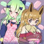  1:1 2021 accessory alternate_species apron brown_eyes brown_hair chest_tuft clothing connie_(rosse_chan) cookie duo eevee female food gardevoir green_hair hair hair_accessory hair_bow hair_ribbon humanoid humanoidized kitchen_utensils long_hair macaron_(food) mixing_bowl nintendo orange_eyes pok&eacute;mon pok&eacute;mon_(species) purple_background ribbons rosse_chan signature simple_background tools tuft video_games whisk 