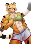  2021 abs anthro biceps blue_eyes bottomwear breasts clothing deltoids felid female fur hi_res mammal midriff muscular muscular_female one_eye_closed pantherine razzberryboat shirt shorts solo striped_body striped_fur stripes tank_top tiger topwear wink 