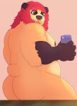  absurd_res anthro butt facial_piercing fur giant_panda hair hi_res hybrid male mammal mirror_selfie nipples nose_piercing nose_ring nude overweight overweight_anthro overweight_male piercing pink_hair selfie simple_background sleepypandaburr slightly_chubby solo tan_body tan_fur ursid yellow_body yellow_fur 