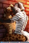  absurd_res anthro bdsm collar ear_piercing erection genitals hi_res hyaenid isuna male male/male mammal penis piercing pinned pinned_to_wall smile smirk spotted_hyena striped_hyena stripes teeth text uppity url wall 