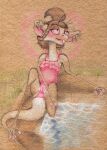  absurd_res anthro blush camel_toe clothing disembodied_hand ear_scratch female fuchs furgonomics hi_res lippie mammal offscreen_character one-piece_swimsuit out-of-placers poolside solo swimwear traditional_media_(artwork) water webcomic yinglet 