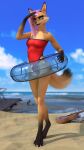 9:16 anthro beach blender_(software) bowed_string_instrument canid canine clothing female flotation_device fox hair hi_res impreza mammal musical_instrument one-piece_swimsuit pink_hair seaside solo string_instrument swimwear tridognait violin 